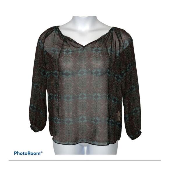 Zara Basic Boho Sheer Blouse Self-Tie Neck Multicolor Long Sleeve Small - Picture 2 of 15